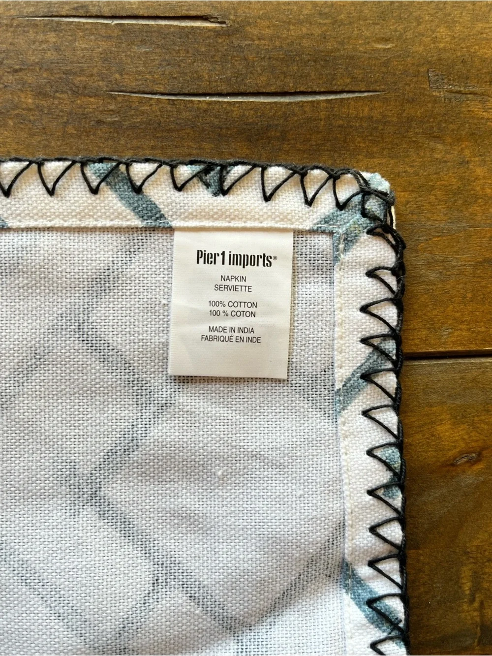 Pier 1 Geometric Pattern Cotton Napkins (4)White & Blue w/Black Stitch Trim NWT